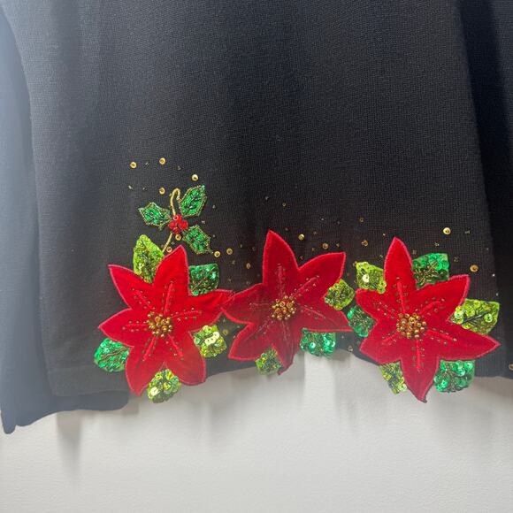Bobbie Bell Top Size L Black Floral Embroidery Poinsettia Holiday Festive Ramie - Picture 4 of 7